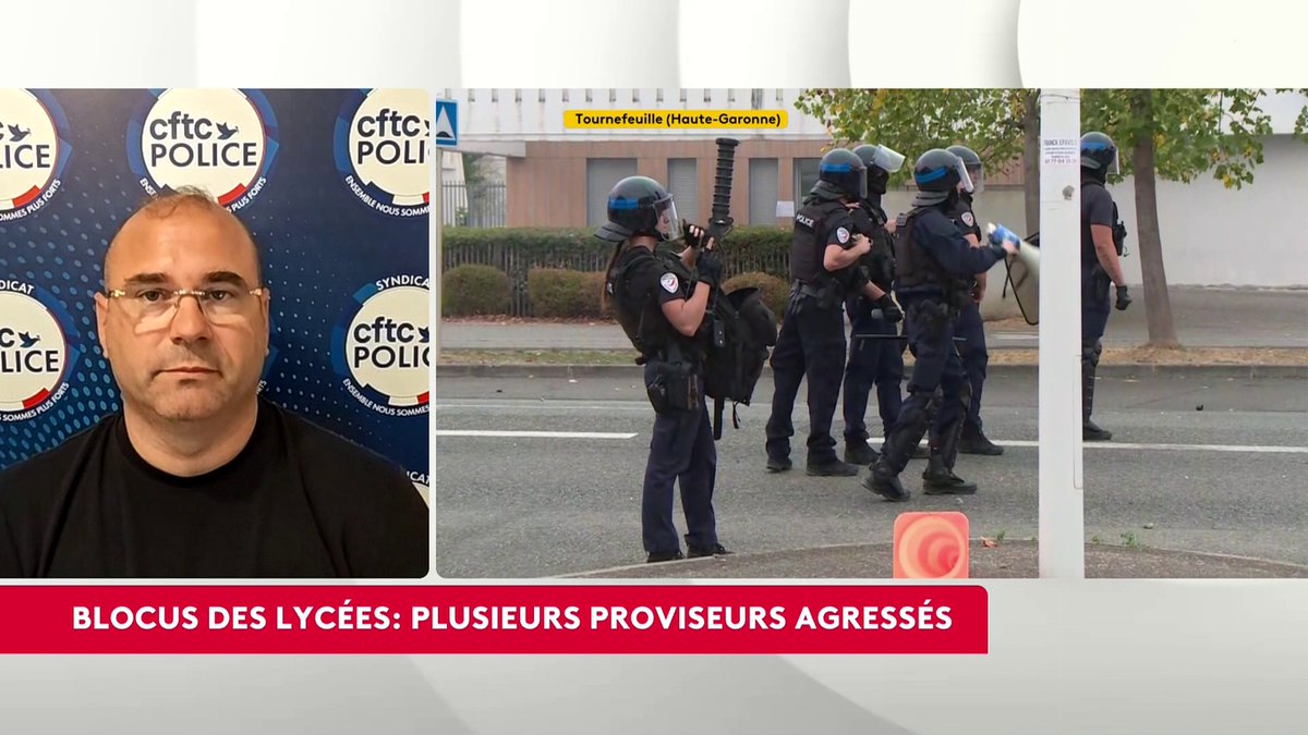🔴 Lycées bloqués : "Oui, la situation va nous échapper, (...) nous avons les instructions de la plus grande retenue (...) Nous ne pouvons pas faire notre travail convenablement", regrette Axel RONDE CFTC Police, porte-parole du syndicat CFTC-Police. #LeScanInfo #canal16