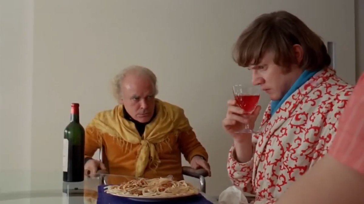 I love Kubrick’s choice of blocking and composition in every shot. It’s interesting how he constantly uses dirty 2-shots, framing Alex between Julian and Mr Alexander, meaning he is trapped and doesn’t have the power. The only times Kubrick doesn’t show Alex this way is when he cuts to close-ups of Mr Alexander and low-angle shots of Julian.