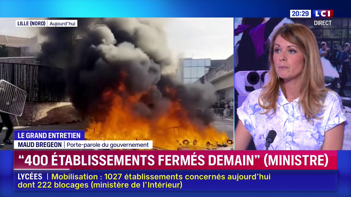 🔴 Blocage des lycées 🗣️ Maud Bregeon, porte-parole du gouvernement, assure que "tous les moyens de l’État, et à tous les niveaux, sont mobilisés", face à Darius Rochebin sur LCI