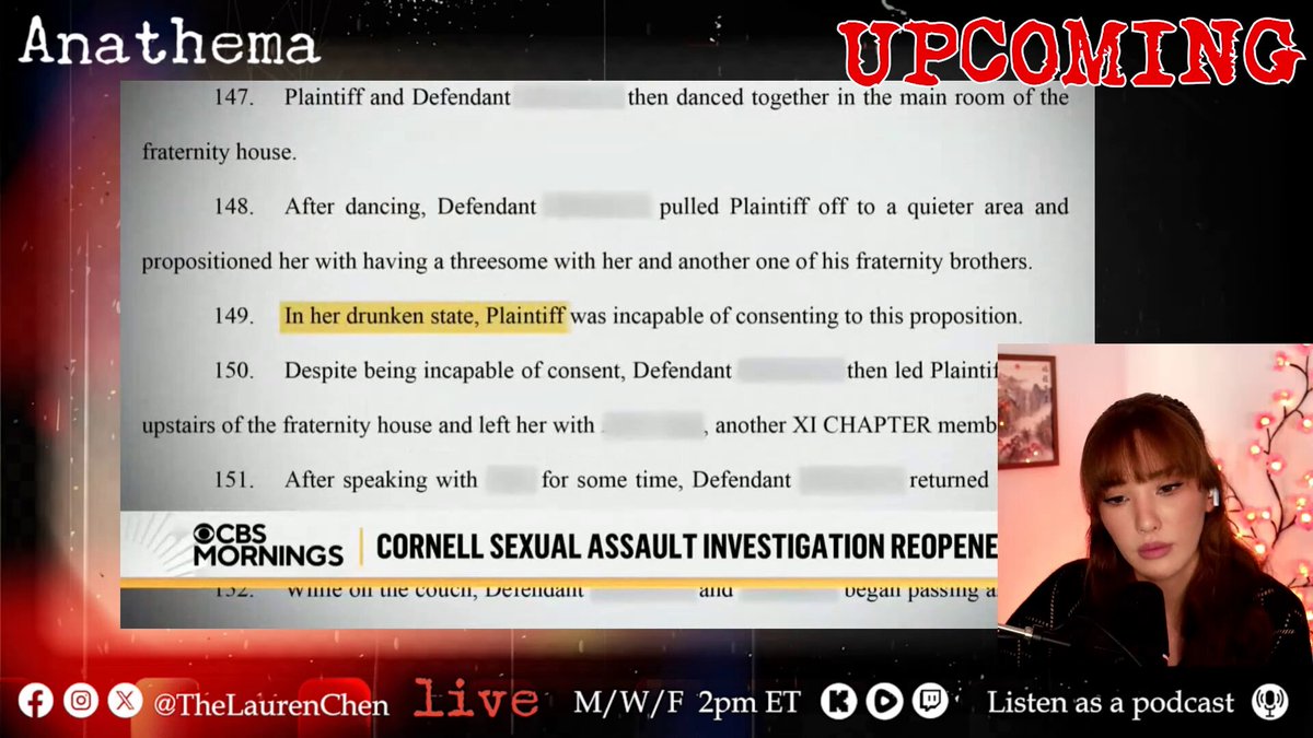 A woman is suing seven Cornell fraternity members for gang r*pe. But in her original sworn statement to police, she described her drug use and sexual conduct as voluntary, conscious, and consensual. Two years later, new lawsuit, completely different story. Even Sunny Hostin from The View said the men shouldn't be having their faces plastered online before any charges have been filed. Regret after the fact is not r*pe.