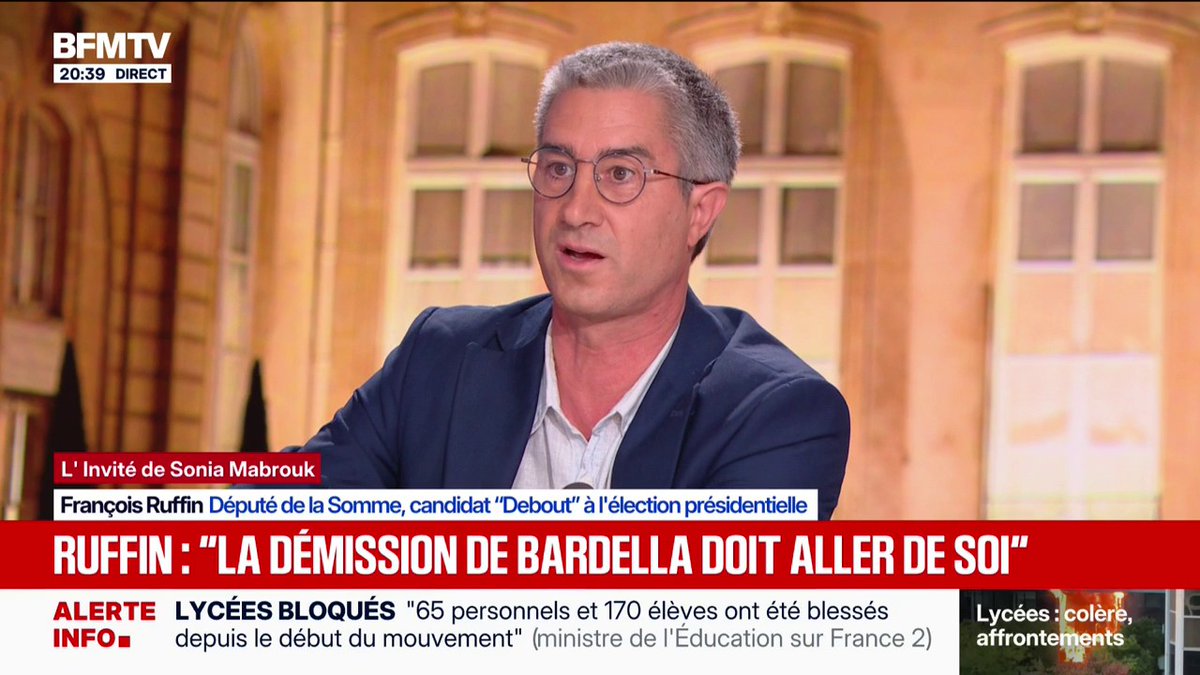 Écrits antisémites attribués à Jordan Bardella: pour François Ruffin, candidat "Debout" à l'élection présidentielle, "la démission [du président du RN] doit aller de soi"