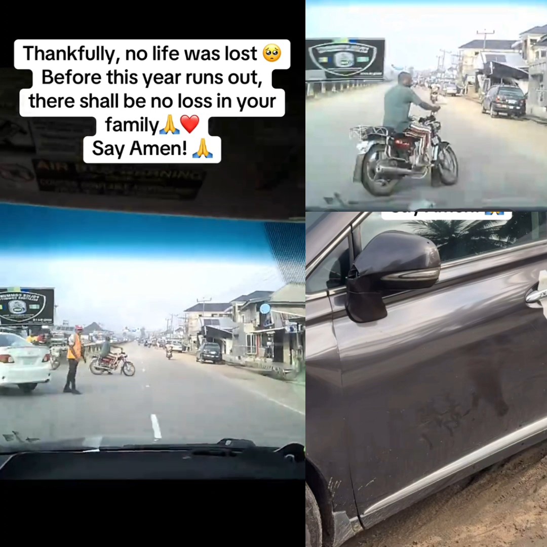 Man records the moment his car hit a motorcyclist in Delta State and rushes him to the hospital.