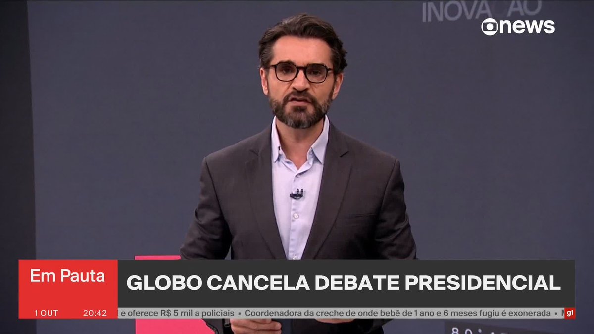 Globo cancela o debate presidencial. ➡️ #EmPauta - de segunda a sexta, às 20h, na #GloboNews. Assista na TV e no globoplay