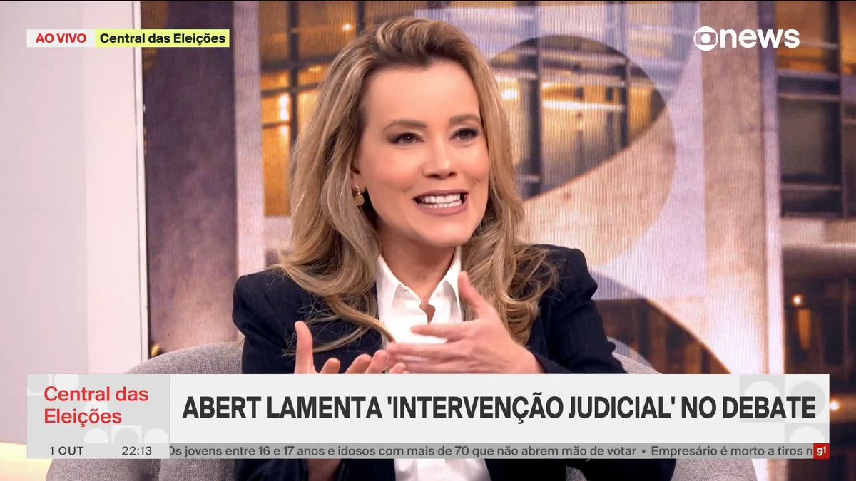 Associação Brasileira de Emissoras de Rádio e Televisão (ABERT) lamenta "intervenção judicial" no debate. ➡️ #CentraldasEleições – de segunda a sexta, às 19h e às 23h, na #GloboNews. Assista na TV e no globoplay #eleições2026 #debate