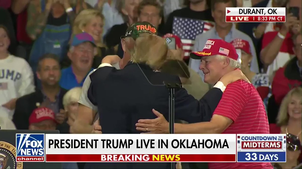 The crowd at President Trump's Oklahoma rally erupts into chants of "U-S-A!" as the president welcomes two supporters to the stage: ⠀ "You work harder than any American I know," one voter says to Trump. ⠀ "Absolute honor of a lifetime to be with the greatest president that this country has ever had," the other supporter tells the president.