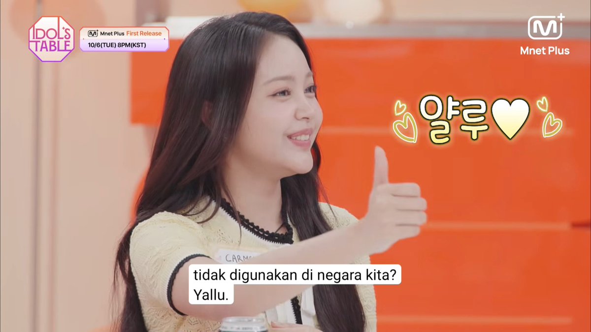 👤 apakah ada ungkapan makanan korea lainnya yang tampak unik atau yang tidak digunakan di negara kalian? 🌴 yallu 👍🏻 lucu bgt pada ketawa denger carmen ngomong yallu 😭