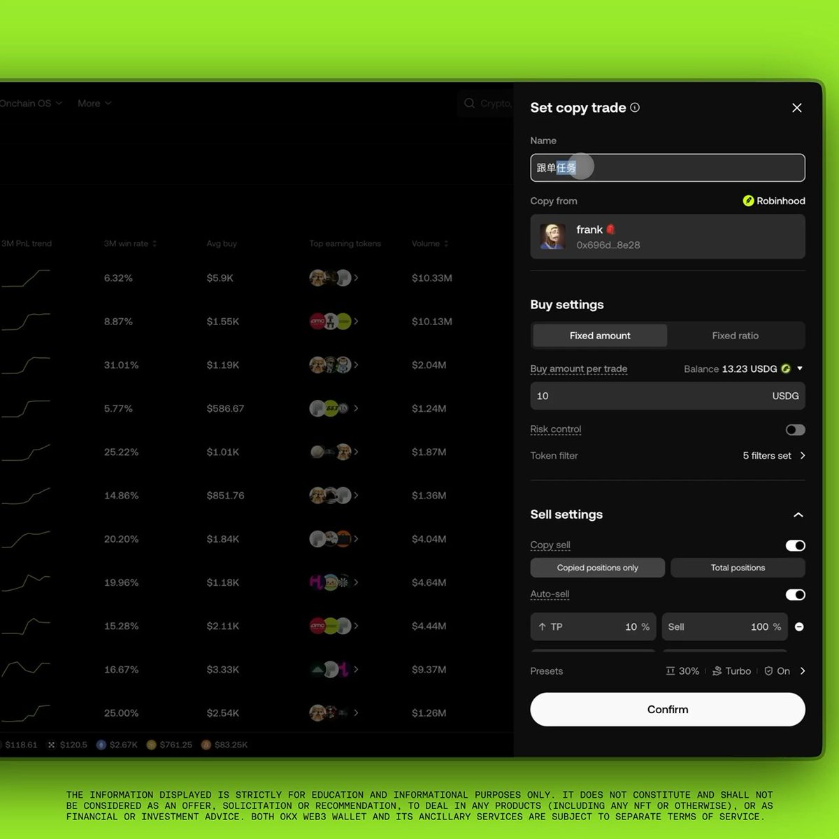 Found a trader crushing it on FOMO? Copy their exact moves in one tap. Our DEX now lets you copy trade top performers directly from the FOMO leaderboard. Pick a strategy, set your amount, and let it run.