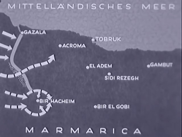 - - Filmdokument - - „Mit Marschall Rommel in Afrika“ ist der Titel eines einstündigen deutschen Propagandafilms über den Vormarsch des Deutschen Afrikakorps zwischen Mai und September 1942. Für bestimmte Feldzüge produzierte die Wochenschau Sonderausgaben, die sich teils aus bereits ausgestrahltem Material der Wochenschau, teils aus unveröffentlichten Aufnahmen von Kriegsberichterstattern zusammensetzten. Dieser Film beginnt mit der Gazala-Offensive im Mai 1942, einer erfolgreichen deutsch-italienischen Offensive gegen die britische 8. Armee. Anschließend werden die bedeutenden Schlachten der zweiten Jahreshälfte 1942 gezeigt, darunter die Schlacht von Bir Hakeim, der Durchbruch durch die britischen Gazala-Stellungen und der darauffolgende Rückzug der Alliierten, die Einnahme von Tobruk, der Vormarsch nach Ägypten, die Schlacht von Mersa Matruh, die Erste Schlacht von El Alamein sowie das gescheiterte britische Kommandounternehmen gegen Tobruk; der Film endet kurz vor der Zweiten Schlacht von El Alamein. Ein besonderer Schwerpunkt liegt auf dem berühmten Generalfeldmarschall Rommel; er ist mehrfach dabei zu sehen, wie er Angriffe befiehlt und anführt, sich mit italienischen Generälen trifft, Auszeichnungen verleiht usw. Da Rommel zu diesem Zeitpunkt – sowohl im In- als auch im Ausland – ein sehr berühmter General und wohl der bekannteste General der Wehrmacht war, rückte ihn die NS-Propaganda besonders in den Mittelpunkt. - Kapitel: 00:00 Intro 00:15 Filmbeginn 01:49 Gazala-Offensive (26. Mai 1942) 03:27 Schlacht von Bir Hakeim 07:50 Einnahme von Bir Hakeim; Vormarsch auf Tobruk 09:12 Einschließung von Tobruk (18. Juni 1942) 12:45 Endgültiger Vorstoß und Fall von Tobruk (20. Juni 1942) 24:31 Vormarsch nach Ägypten 31:43 Eisenbahnbau 36:28 Verstärkungen aus Griechenland 37:36 Landung in Afrika 39:30 Front bei El Alamein 41:28 Günther Halm erhält das Ritterkreuz 42:00 Hans-Joachim Marseille 43:10 Vormarsch auf die Oase Siwa 47:55 Britischer Angriff auf Tobruk (Operation Agreement, 13. September 1942) 52:35 Deutsche Luftangriffe auf Alexandria und Kufra 57:05 Kämpfe bei El Alamein