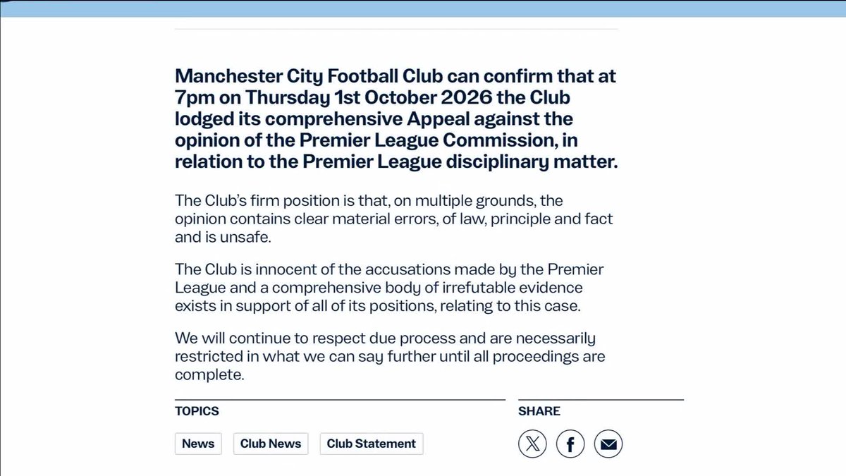 BREAKING: Manchester City have launched an appeal after the club was found guilty on all charges of "serious breaches" of financial rules. City have always denied the charges. Read more: