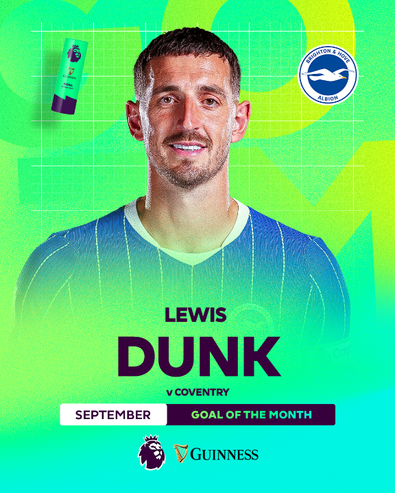 An incredible hit from the centre-back 😍 Lewis Dunk's rocket v Coventry wins September's Guinness Goal of the Month 🚀