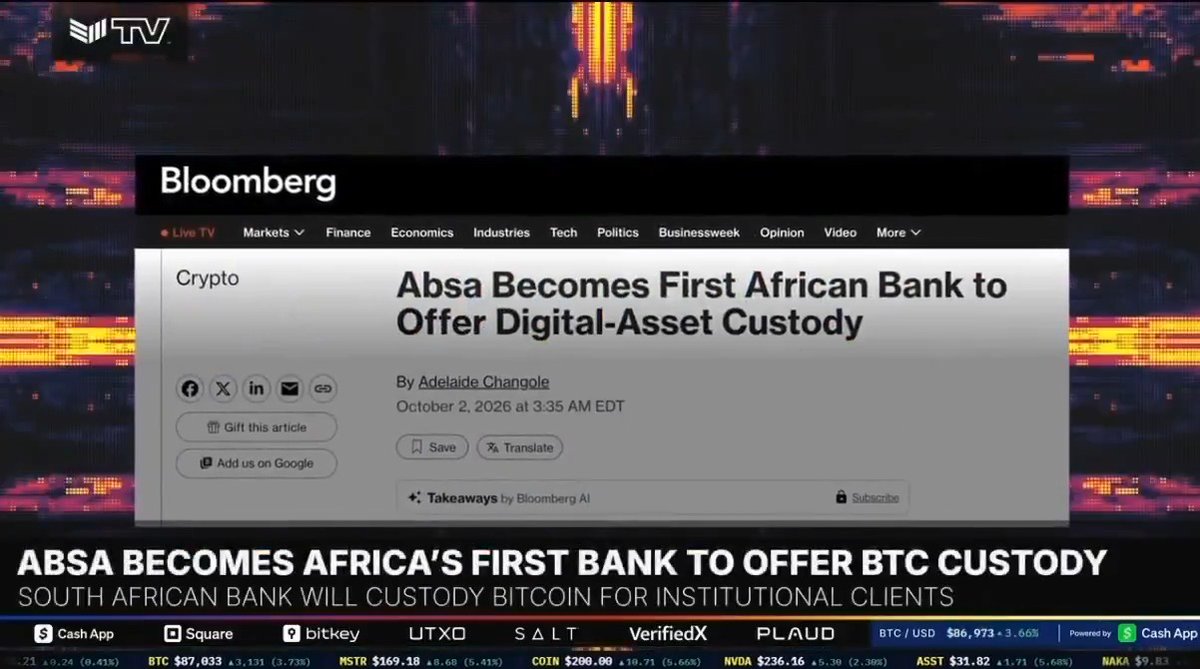 JUST IN: 🇿🇦 Absa has become the first African bank to offer Bitcoin custody 👏
