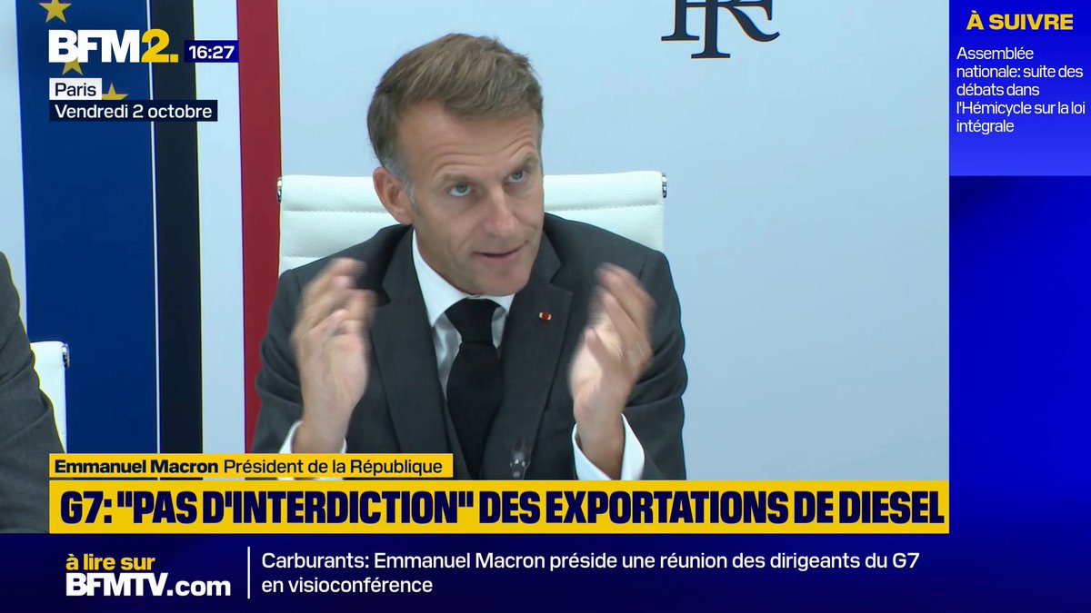 Les pays du G7 vont libérer "jusqu'à 100 millions de barils" de "diesel et pétrole brut", "dans les quatre mois", annonce Emmanuel Macron #BFM2