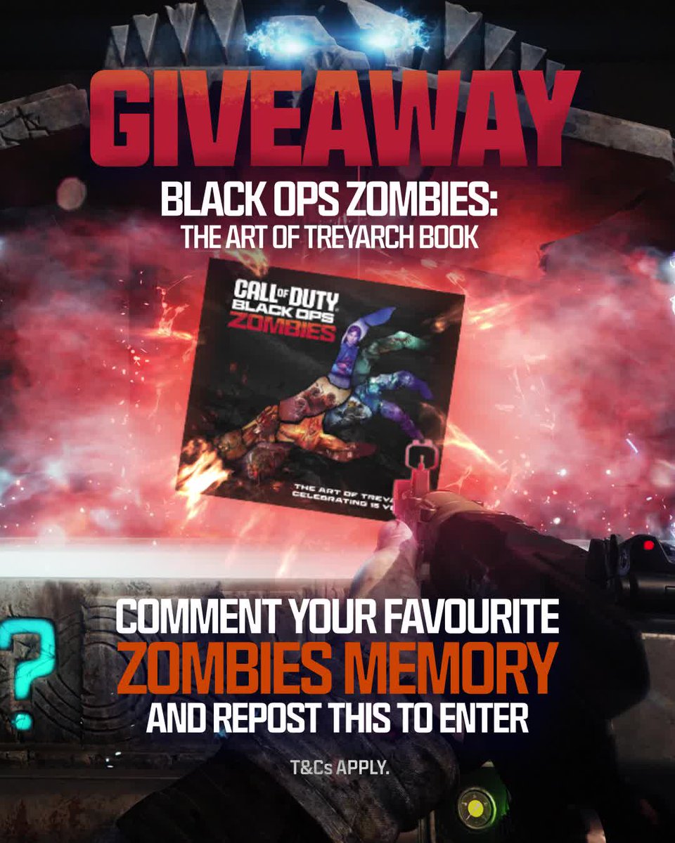 🚨 GIVEAWAY 🚨 What’s your all-time favourite Zombies memory? Reply with yours below and repost this post for a chance to win a copy of the Black Ops Zombies: The Art of Treyarch book. Good luck 🧟 T&amp;Cs apply: