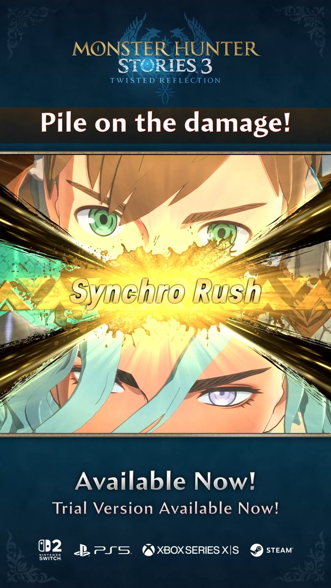 By utilizing an effective battle strategy in #MHStories3, you'll be able to empty a monster's Wyvernsoul Gauge and topple them, opening them up to a Synchro Rush combo attack from your whole party!