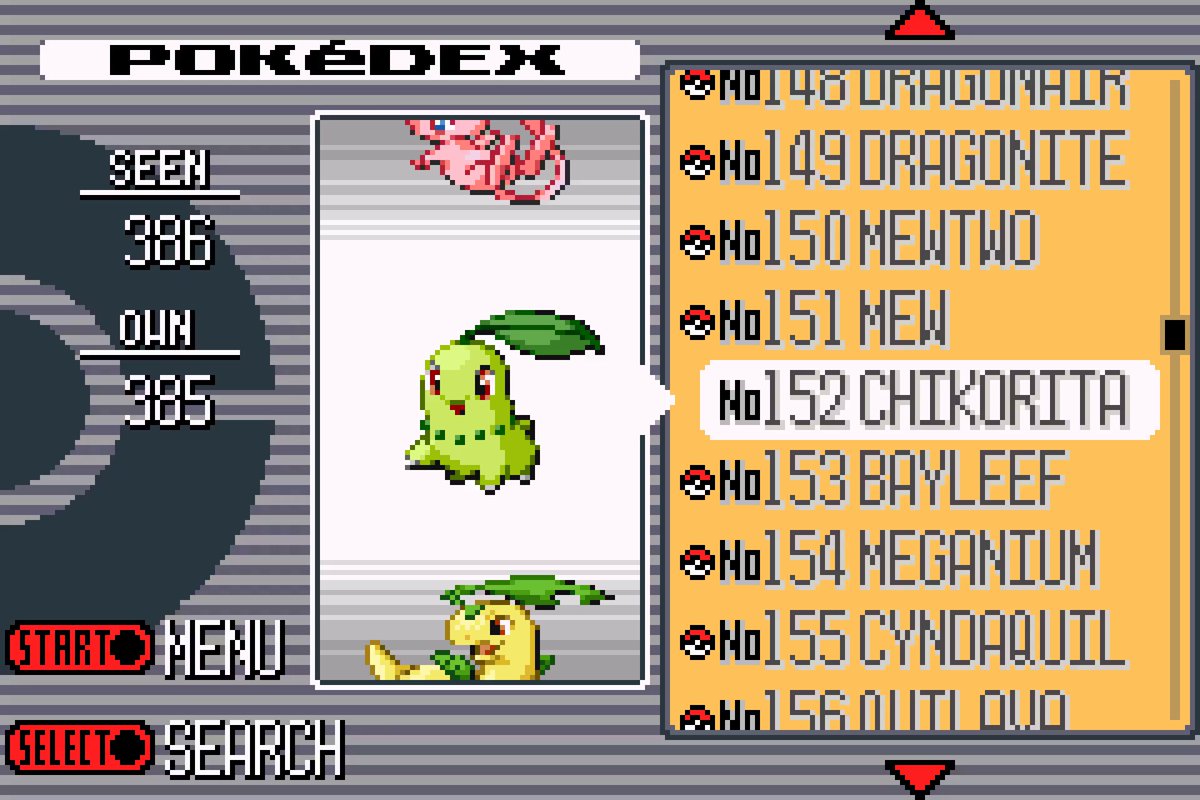 In Pokémon Ruby and Sapphire, Chikorita doesn't count as a part of the Pokédex.