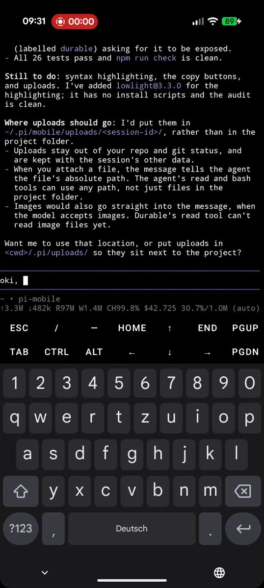 this weekend, i'm finally replacing Claude for Android with a little pi durable thing that runs fully on my phone. building it directly in pi on my phone. and it has subagents :D (not an official earendil product, just a personal project to battle test durable)