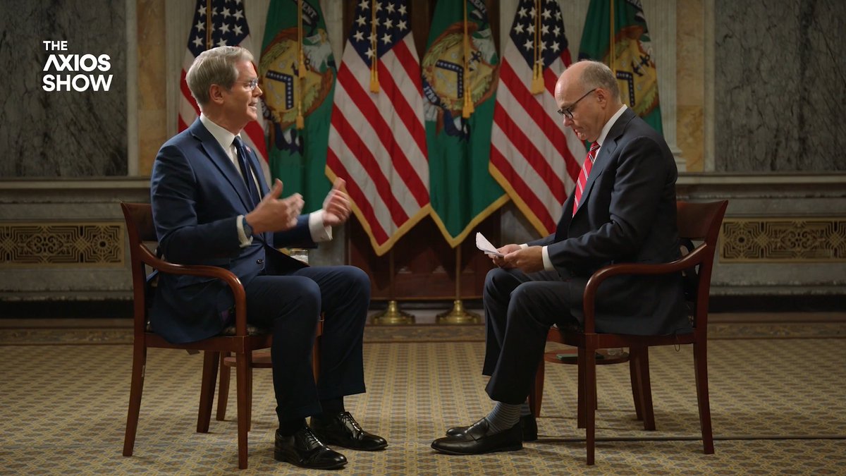 💵 Treasury Secretary Scott Bessent joins Mike Allen on a new episode of THE AXIOS SHOW. In a wide-ranging conversation, they cover: • Frustration with AI leaders' warnings • Americans' rising cost of living • Telling the market "I am the house" • His relationship with Elon