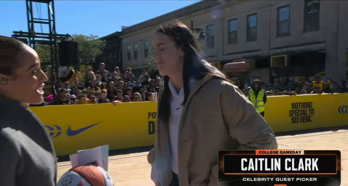 On College Gameday they asked Caitlin to hit shots from the logo but she said she’s too stiff bc her season is over lmfao she throws signed Caitlin 1s to the crowd instead