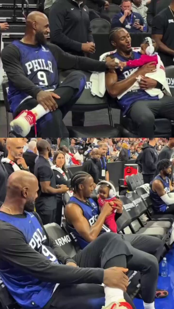 Tyrese Maxey shares a wholesome moment with his daughter and his new teammate LeBron James at Philly's Blue x White Scrimmage 🥹