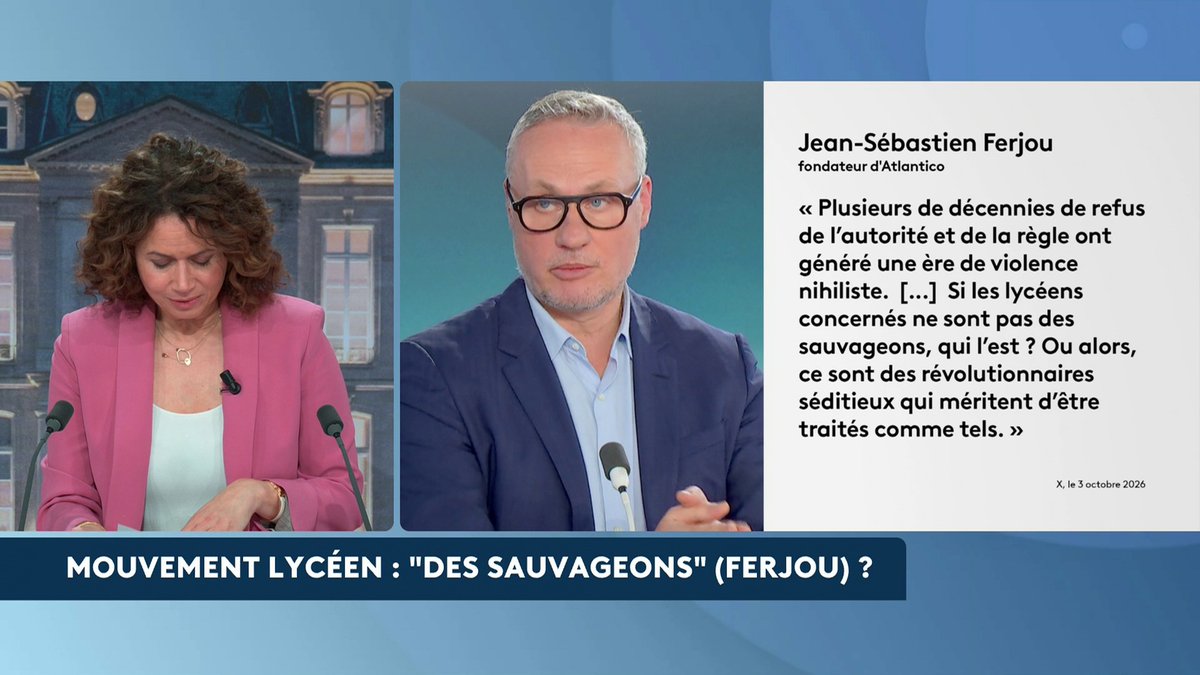 🔴 Mobilisation lycéenne : "On a saccagé le vivre-ensemble" en renonçant à l’autorité, estime Jean-Sébastien Ferjou. Laurent Joffrin dénonce, lui, "l’irresponsabilité" des syndicats lycéens et de LFI. Tout en écartant l’idée qu’ils "manipulent les lycéens". #AvantLe20h #Canal16