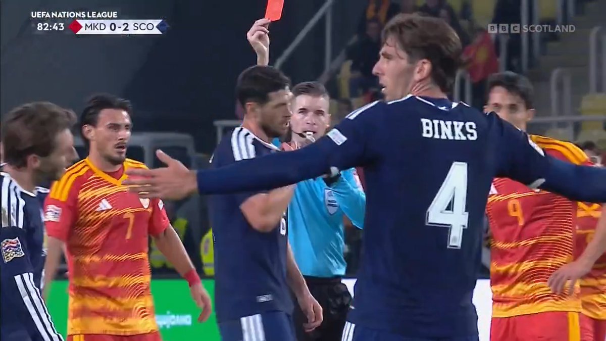 Scotland are reduced to 10 men for the second game in a row. Scott McKenna is sent off against North Macedonia. 📺 Watch on BBC Two and BBC Scotland
