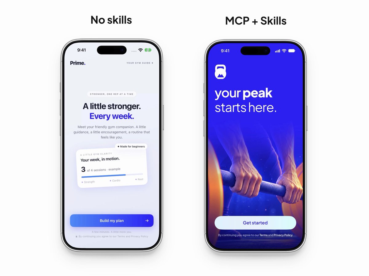 before → after workout app. both one-shotted. right used mcp for context &amp; skills for design.
