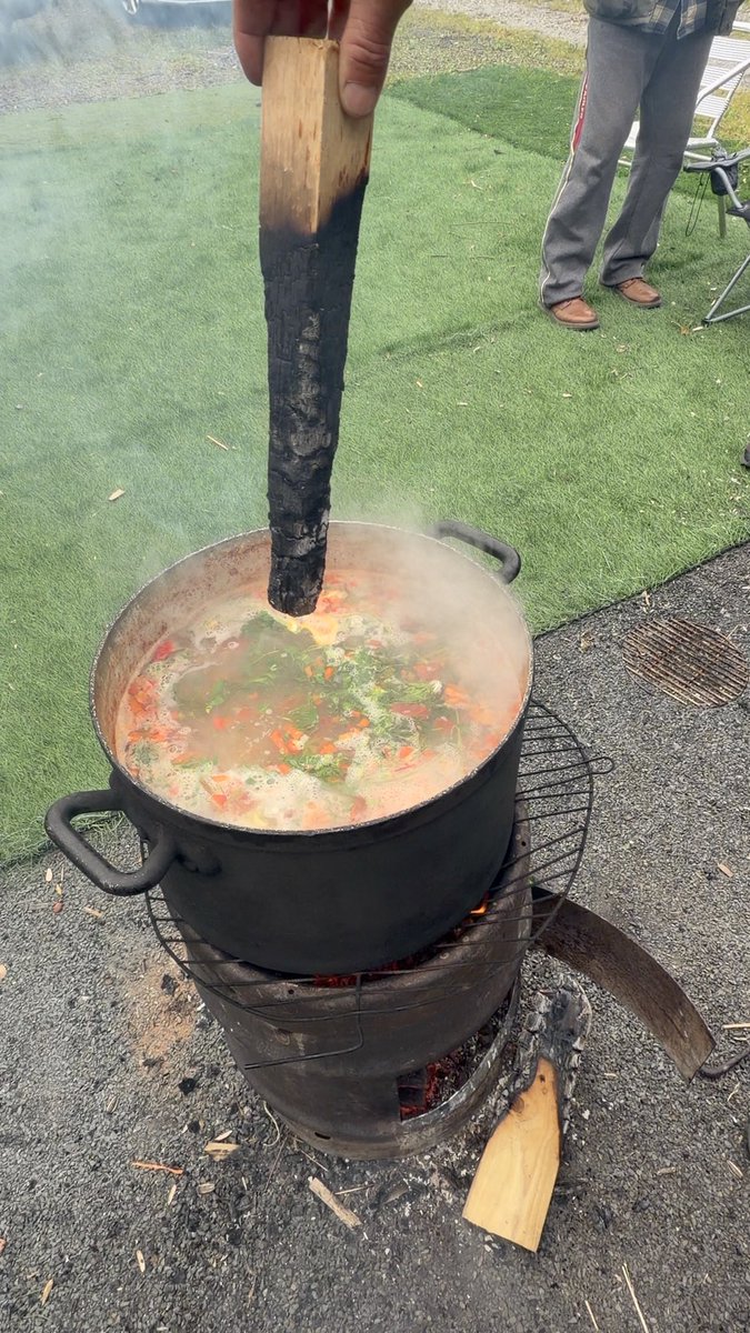 In Eastern Europe, the last ingredient in campfire fish soup is a burning log, so we caught some fish this morning and tried it: - fish (we caught 3 different types) - potatoes, carrot, onion, celery, garlic, dill, parsley, chilli, black pepper, salt - cooked over an open fire - a shot of vodka at the end - then the last step: a smouldering piece of wood dunked in for a few seconds The soup is called ukha, an old fishermen's tradition in Russia and other parts of Eastern Europe. The burned wood gives it a smoky taste and supposedly takes the bitterness out. So good!