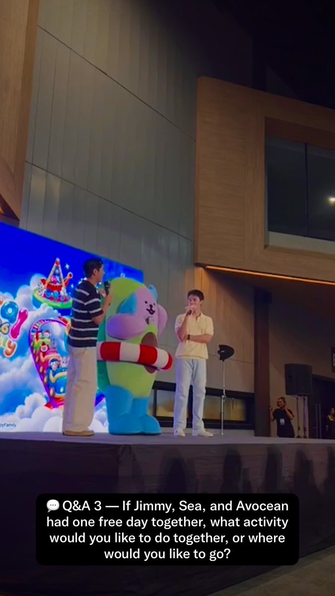 [ENG Trans] — 🎡 JS CEAN LOVELYFAM #GMMTVFANIVAL2026HappyFamilyxJS 💬 Q&A 3 — If Jimmy, Sea, and Avocean had one free day together, what activity would you like to do together, or where would you like to go? ⸻ 🥑 Avocean: (reading the question) “If Jimmy, Sea, and Avocean had one free day together, what activity would you like to do together, or where would you like to go?” (asks Sea) Papa, where do you want to go? 🩵 Sea: I’ll let you choose. 🥑 Avocean: (turns to Jimmy) Do you want to go to school with me? 💜 Jimmy: Huh!? 🥑 Avocean: Let’s go to school!! 💜 Jimmy: What are we going to do at school? 🥑 Avocean: I’ll be the teacher, and I’ll have both Papas be my students. 💜 Jimmy: You want me to be your student? 🥑 Avocean: Yes. 💜 Jimmy: Then what are you going to teach me? 🥑 Avocean: “Anatomy”!! 🗣️ Fan: OHHHH… 🩵 Sea: Anatomy… You think you can do that? 💜 Jimmy: I’m seriously asking you. You are going to teach Papa anatomy? 🥑 Avocean: Give me a chance to try first! 💜 Jimmy: You mean the anatomy of yourself? 🥑 Avocean: Both Papas too! I mean “human anatomy”. 💜 Jimmy: Human anatomy!? 🥑 Avocean: That’s right. 🩵 Sea: How about starting with your own anatomy first? 💜 Jimmy: Yeah, start with yourself first. What exactly are you made of…? You’ve got avocado seeds… avocado flesh… What else? 🥑 Avocean: I have bones! I used to memorize vocabulary about bones… The bone at the forehead is called the “frontal bone” (medical term), and the bone here on the side of the head is called… (medical term). 🗣️ Fan: Wowww! 💜 Jimmy: What else is there…? 🥑 Avocean: And the bone around the temple is called the “sphenoid bone” (medical term), and the bone at the back of the head is called the “occipital bone” (medical term). 🗣️ Fan: OHHH, WOW! 💜 Jimmy: Wait, if you start reciting another 4 or 5 medical terms, the number of fans who came here to cheer you on might drop to just a little over ten people. 🩵 Sea: Hahaha! 🥑 Avocean: Oh…Grandma and Granny don’t like it? 🗣️ Fan: We LOVE IT!!!! 🥑 Avocean: (teasing Jimmy) See?! 🗣️ Fan: Ayyyyyy~ 💜 Jimmy: What other subjects would you like to teach us? 🥑 Avocean: “Mathematics” 💜 Jimmy: Ask your grandmas and grannies about this subject. (logical) 🥑 Avocean: (asks the fans) True AND true? 🗣️ Fan: True!! 🥑 Avocean: (asks the fans) True AND false? 🗣️ Fan: False!! 🥑 Avocean: (asks the fans) False AND true? 🗣️ Fan: False!! 🥑 Avocean: (asks the fans) False AND false? 🗣️ Fan: False!! 🥑 Avocean: (teasing Jimmy) See? They can answer everything! 💜 Jimmy: Did you check their answers beforehand? 🩵 Sea: (looking confused) Umm…what are you two even talking about? 🥑 Avocean: It’s a logical question! 🩵 Sea: Ohhh.