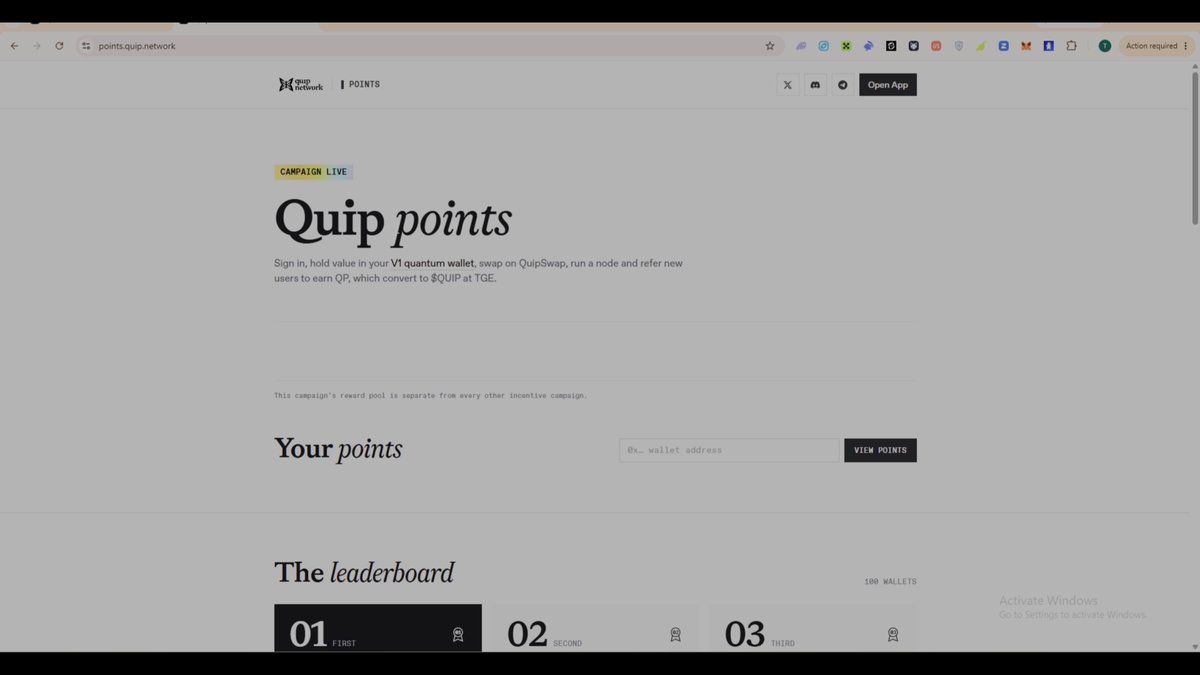📢 10% $QUIP Airdrop Live for Everyone Quip Network launched the Quip Points campaign, where you can earn QP points. – QP Points will convert into $QUIP token at TGE – 10% of $QUIP is reserved for the airdrop and unlocks at TGE 1️⃣ Create Quip Quantum Account – Cost: ~$1.1 in Base ETH – You need a Quip Wallet to receive the $QUIP airdrop and farm QP points 🔗 Go to: – Connect your EVM wallet If you joined Quip Quest, use the same wallet – Choose Base Network – Create a 12-digit password – Continue & create your Quip Account – Pay the ~$1.1 Base ETH fee – You’ll see your Quip account with 2 addresses: → Your wallet address → Your Quip wallet address 2️⃣ Then Join Quip Quest 🔗 Quest: – Connect the same EVM wallet – Connect X & Discord – Complete the free tasks & earn points Both Quip Quest points + QP points contribute to the $QUIP airdrop. Already joined Quip Quest? Skip this step. 3️⃣ Earn QP Points After joining the Quest, go back to your Quip Wallet: – Go to "Open Order Book" – Connect the same EVM wallet – Login with your Quip wallet & password – Select “PAPER” (top right) – Click Take & Sign from your EVM wallet (it’s free~on testnet) – Complete 5 tasks → 5 QP points • QP Points Structure – 1 QP / task → 5 QP max/day – 1 QP / swap → 75 QP max/day – 2,000 QP/week for running a node Currently, the Orderbook task is working smoothly, so you can do it daily and earn 5 QP. Swap tasks aren’t working smoothly right now. When they’re working properly, I’ll share a guide. I’d skip the Node task for now because it requires a bigger investment. Quip Network is building a quantum-safe layer for secure cross-chain blockchain transactions. ⚠️ The Main Part If you already completed Quip Quest and earned points, you should still join the Quip QP Points campaign because you need to create the Quip Wallet to receive the airdrop. If you’re new to Quip, it depends on you. If the ~$1 cost isn’t much for you, you can join and start earning QP points. Because the mainnet swaps will also require fees. So if you can’t afford the $1 wallet creation cost, you probably shouldn’t farm the swap tasks either. For a better potential allocation, you’ll need to use swaps and build more QP points. They also said Quip Quest and Quip QP Points have separate leaderboards, with separate allocations for each. So, if you’re willing to pay the initial cost, join & farm QP points. Otherwise, skip this one. That’s it 🫡 So, are you planning to join? 👇 How many Quip Quest points do you have? Post your screenshot 👇 Like, repost & share ❤️‍🩹