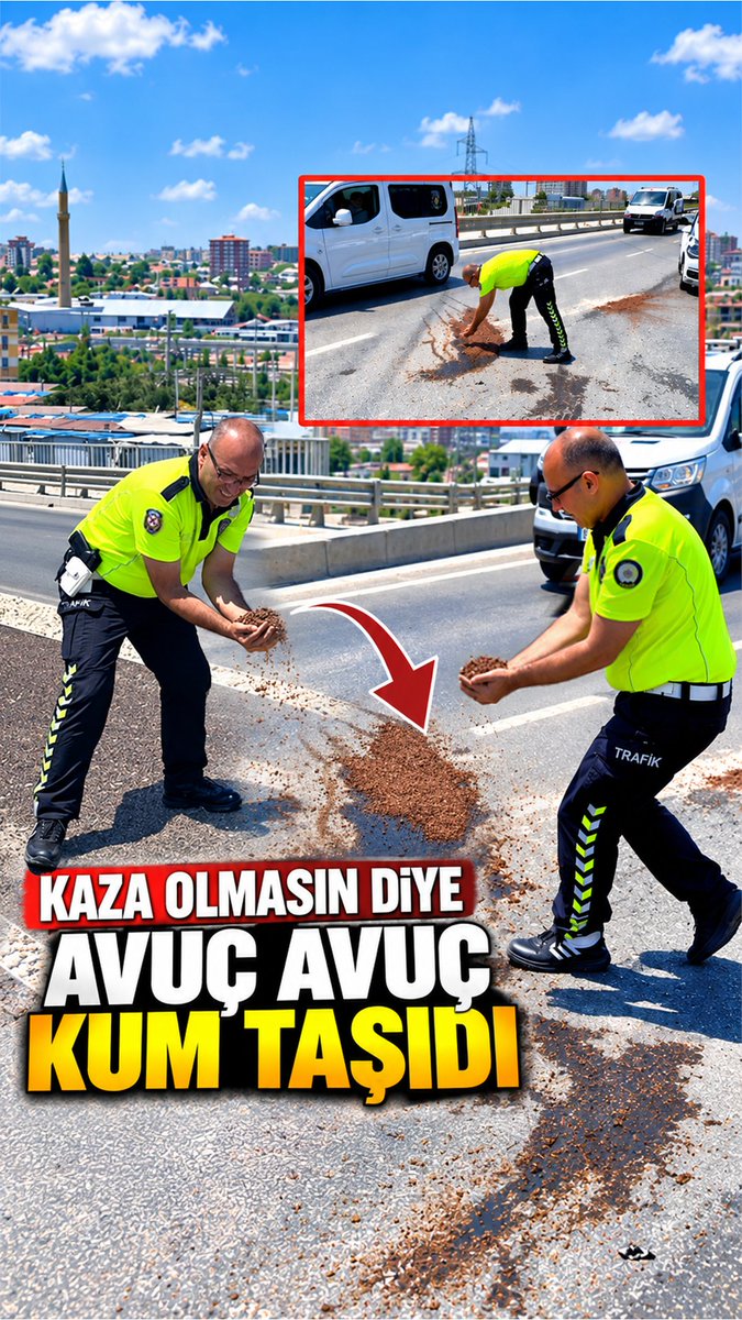 Hatay’da kaza sonrası başka kaza olmasın diye yola dökülen motor yağının üzerine avuç avuç toprak taşıyan fedakâr polis kardeşim, vazifeni vicdani bir mesuliyet olarak gören hassasiyetin için yürekten teşekkür ediyorum. Türk polisi; aziz milletimizin huzuru ve güvenliği için her koşulda "önce insan" diyerek fedakârca görev yapmaya devam ediyor. İyi ki varsınız! 🇹🇷 T.C. İçişleri Bakanlığı Türk Polis Teşkilatı