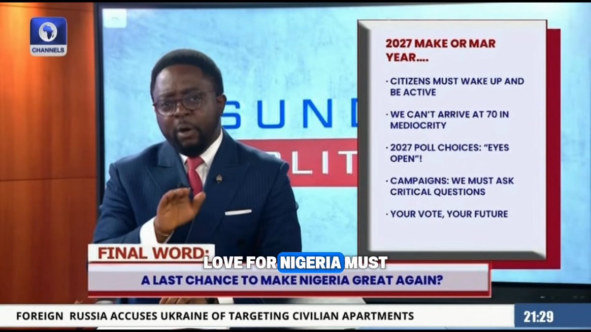 As Nigeria looks ahead to 2027, the questions we must ask go beyond promises. Our choices matter. Our participation matters. And our conscience must be guided by the future we want for our country. In 2027, we will not only choose a leader. We will choose the direction of the country we want to build. #seunokinbaloye #politicstoday #channelstv