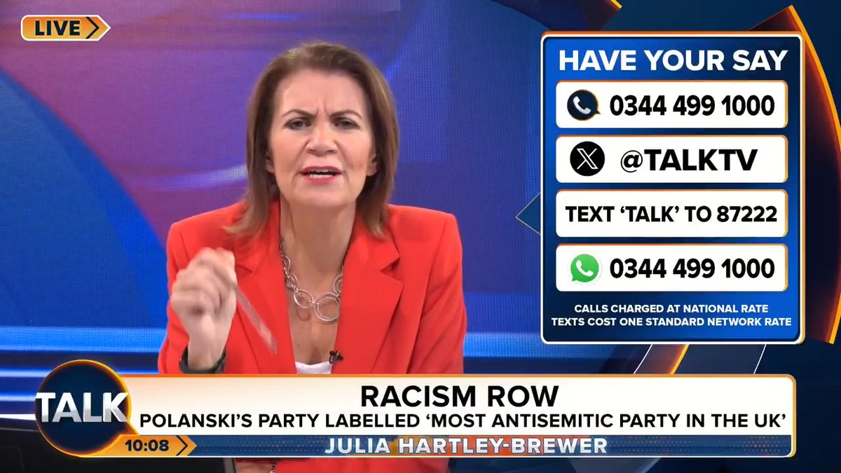 🚨"I'm a Zionist, so I guess that makes me a racist!" Julia Hartley-Brewer says Britain now has a political party which believes that "Jews don't have the right to a homeland". Julia Hartley-Brewer