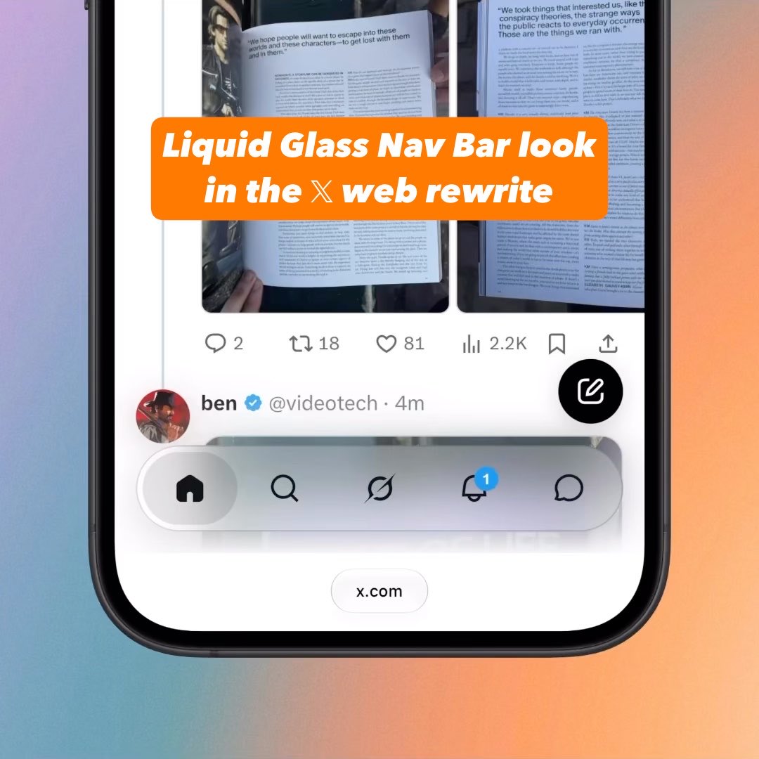 The nav bar in the 𝕏 web rewrite on mobile has a Liquid Glass look, and the collapse animation is really nice! 🔥 As you scroll it collapses down to just two buttons: the tab you’re in on the left, and the composer on the right. Can’t wait to see the real Liquid Glass redesign in the app.