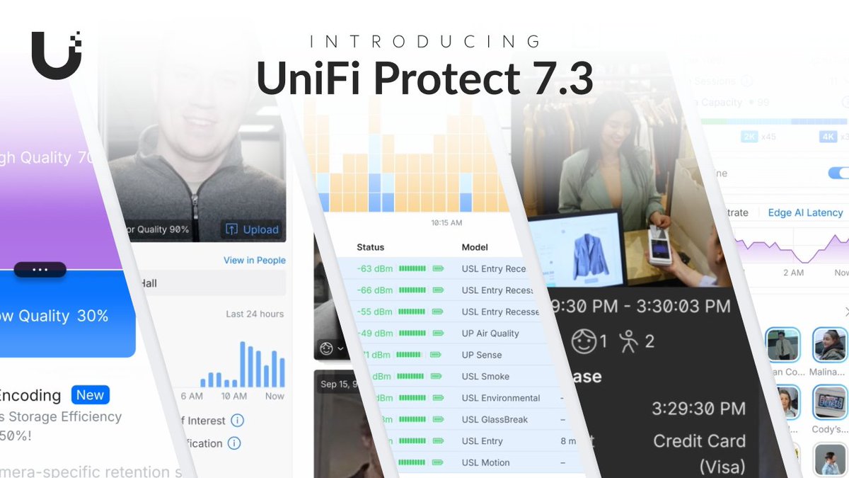 Introducing UniFi Protect 7.3 🔹 Store more video w/ Storage Budgeting + Super Encoding 🔹 Record remote cameras to your existing NVR with Teleport 🔹 Scrub Video Wall history directly from the Dashboard 🔹 Native UniFi Protect support in the Shopify App