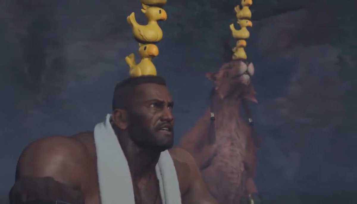 Cloud, Barret, and Nanaki balancing rubber chocobos in a hot springs while Gongaga’s BGM plays— perfection 😌