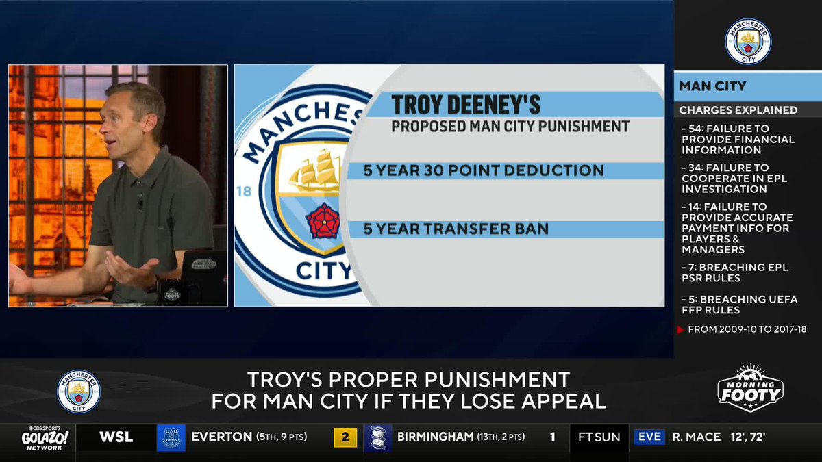 -30 point deduction each year for five years 😳 -Transfer ban for five years ❌ Troy Deeney proposes his solution to Manchester City's huge financial charges 🗣️