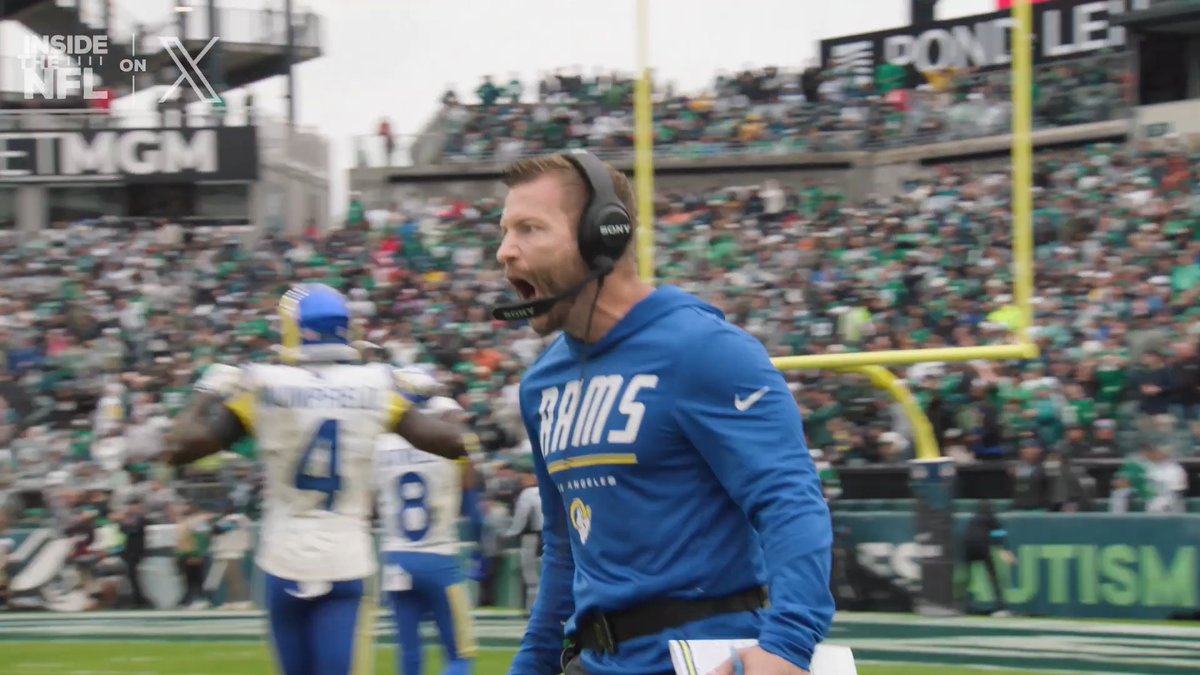 Sean McVay had to have lost his voice yelling after Kyren Williams's touchdown to take the lead in Philly ๐ Inside the NFL Week 4 Mic'd Up on X