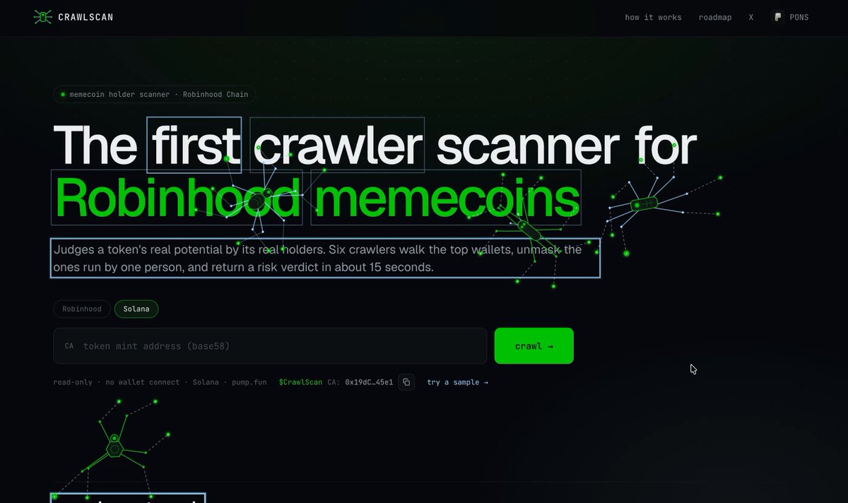 $CrawlScan now works on Solana. And it's been less than 24h since i went live. Access: [ CA: 0x19dCb63C4d2F29A6f077F094a4f858fC790145e1 Paste any pumpfun token and the crawlers read its top holders straight from the chain. Free for anyone. No wallet connect, no sign up. Same engine as on Robinhood Chain: bundles, virgin wallets, snipers, linked wallets, one verdict in seconds. The chain is detected from the address. You just paste the CA. I also upgraded the scoring. The verdict now shows how far the price could drop if the biggest operator dumps everything. That's the number that actually matters before you buy. So what's next? Premium features for $CrawlScan holders. And a daily fee drop for the community (in progress). The idea: every 24 hours a mechanism checks onchain which wallets burned $CrawlScan. Burn at least 1 token and you're in for that day's share of the creator fees the token generates. Every burn takes supply out forever. So the token will get more valuable and ANY holder will be able to be rewarded for staying with my project. I'm starting to build it now and I'll publish the exact rules before it goes live. Everything stays open source on GitHub. Go scan something and i hope this will help you with daily trading.