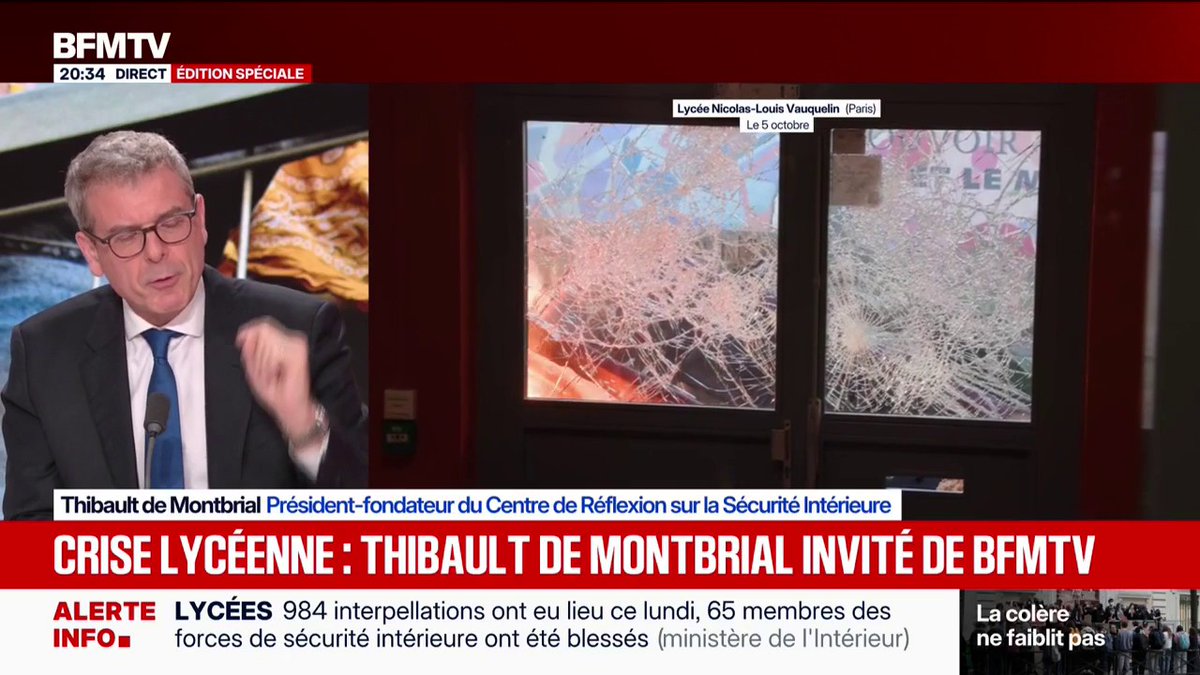 Colère lycéenne: "Ce mouvement peut aboutir à la mort d'un prof, d'un passant, d'un policier", affirme Thibault de Montbrial (Centre de Réflexion sur la Sécurité Intérieure)
