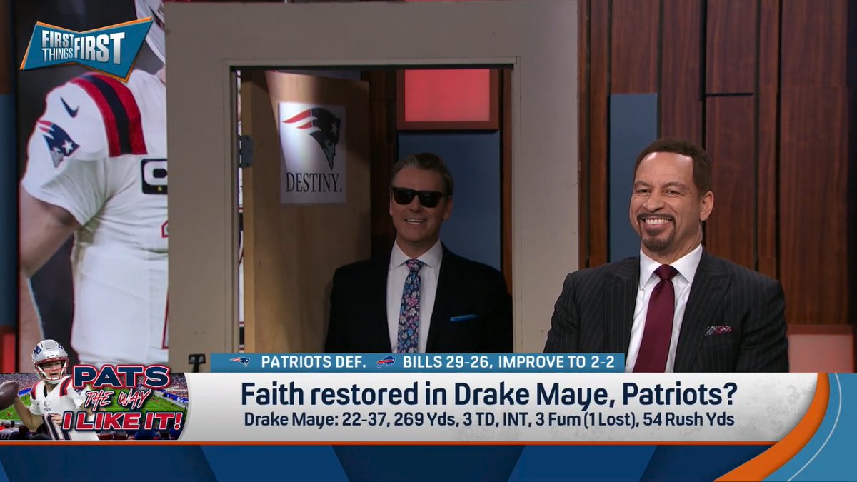 .Wildes: “Is your faith restored in Drake Maye and the Patriots?” Chris Broussard: “I’M NOT FALLING FOR IT! Come on, guys!” Wildes: “It’s good to be back.” 😎🚪