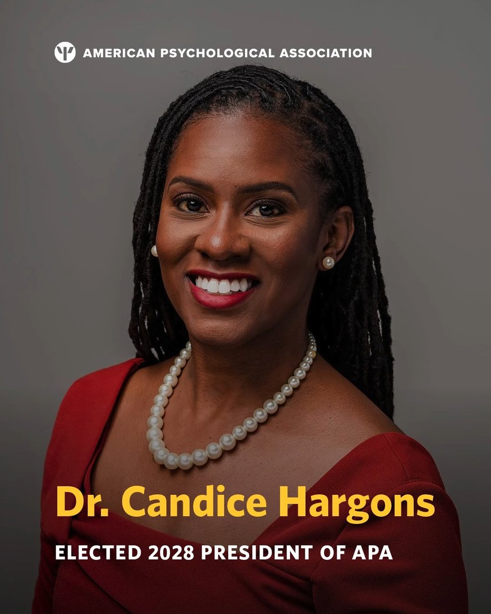 Congratulations to Dr. Candice Hargons, a tenured associate professor of behavioral, social, and health education sciences at Emory University, for being elected as APA’s 2028 president. She will serve as 2027 president-elect as of January 1. Learn more: