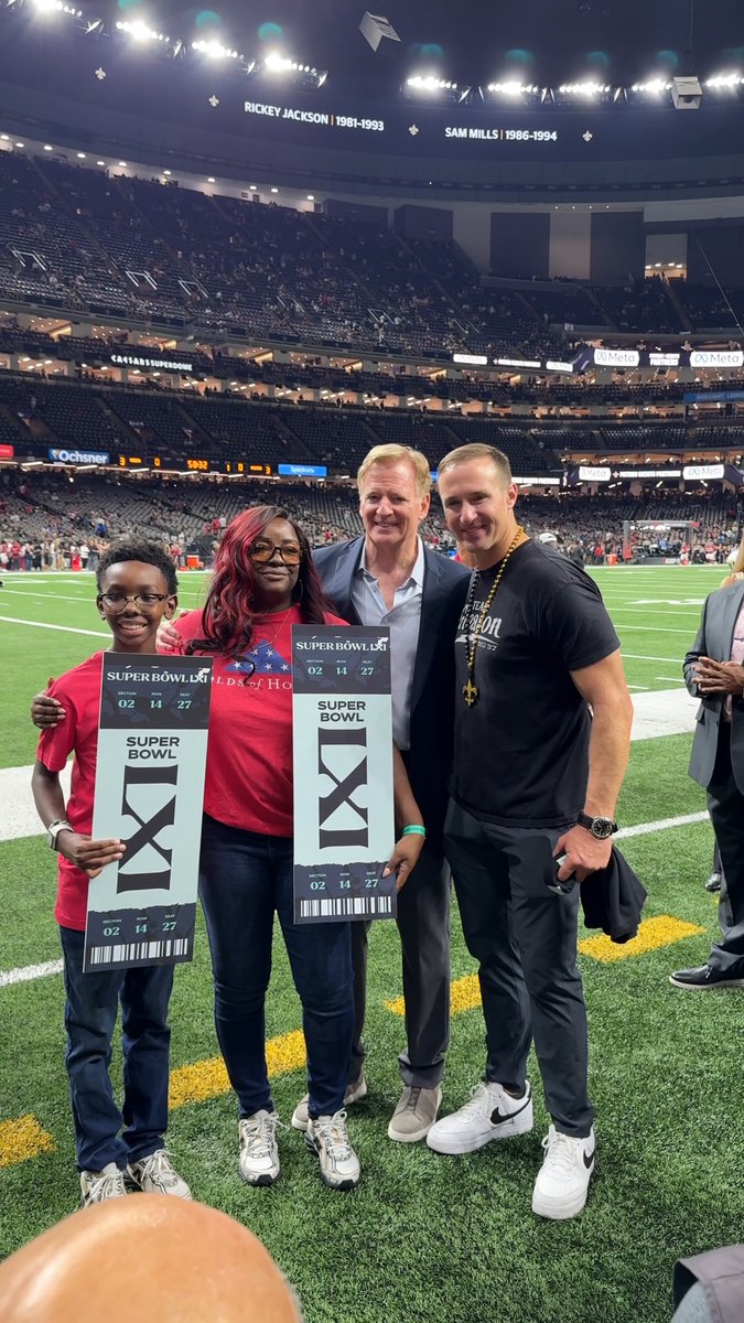 Drew Brees and Commissioner Goodell helped surprise Trenisha Lasahay Jackson, wife of fallen Baton Rouge Police Officer Montrell Lyle Jackson, with tickets to Super Bowl LXI. ❤️ Trenisha will also be receive a scholarship from Bud Light and Folds of Honor.