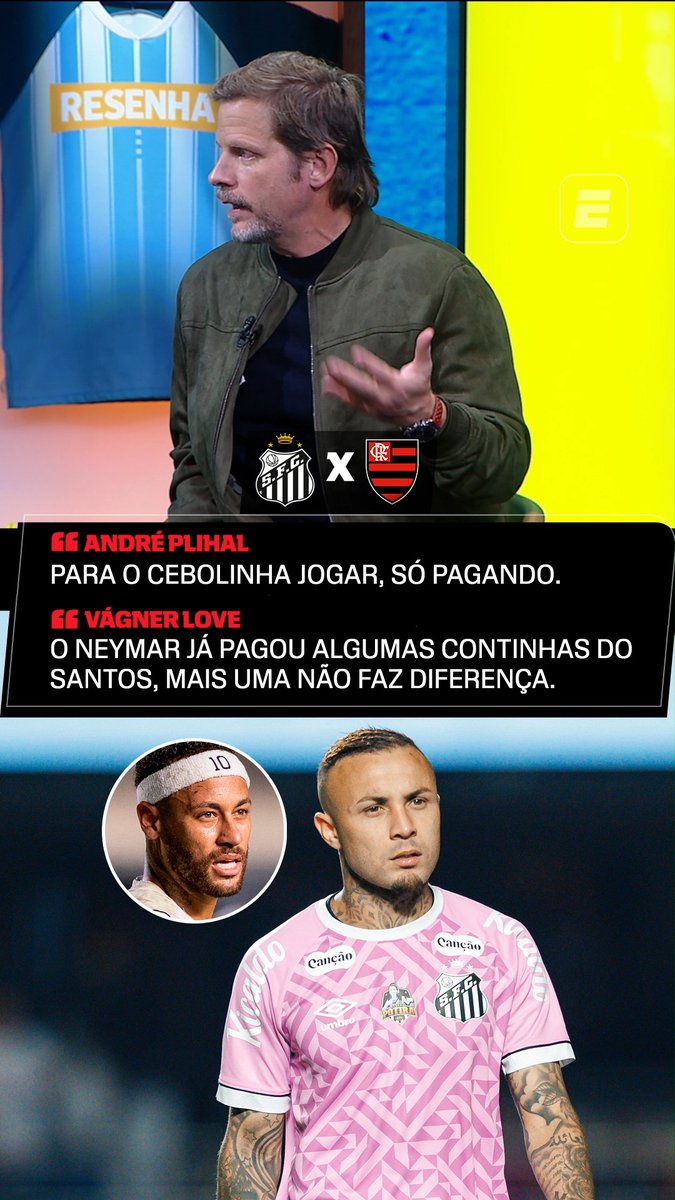 Para o Cebolinha jogar contra o Flamengo, só pagando! 😂 No Resenha da Rodada, Vagner Love brincou com a situação e ainda colocou Neymar no meio da história. Foto: Santos Futebol Clube #FutebolNaESPN #ResenhaESPN