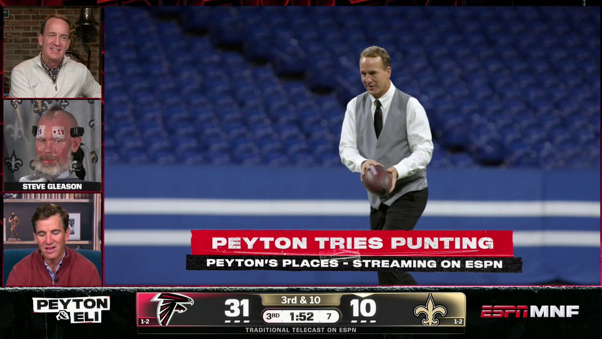 "Peyton, unfortunately for both of us, long before I hit the ball, I [would] hit your forehead." Steve Gleason had jokes on the ManningCast 🤣