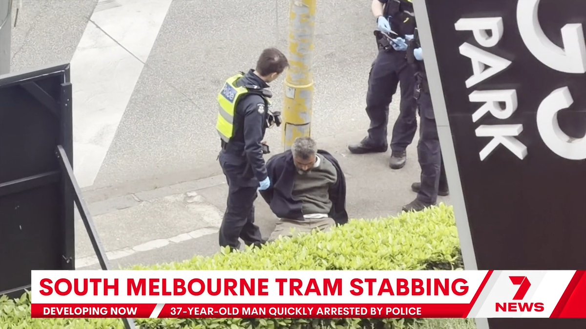 A woman in her 50s was stabbed in the neck while riding with her dog on a tram in South Melbourne around midday. Police arrested the alleged attacker, a 37-year-old man.