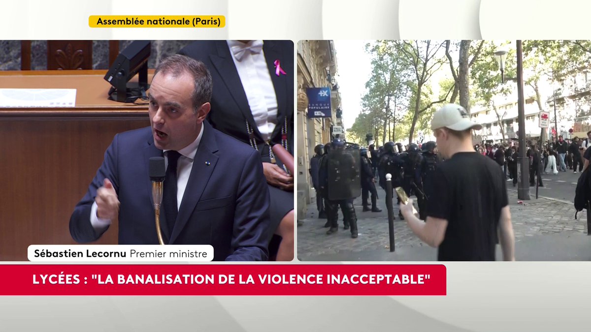 "215 élèves blessés, la majorité d’entre eux suite à des agressions (...) 85 professionnels éducatifs. C’est le bilan le plus lourd depuis des décennies dans l'Education nationale (...) 715 policiers et gendarmes blessés", énumère le Premier ministre Sébastien Lecornu pour dresser le bilan des violences en marge des mobilisations lycéennes. #canal16