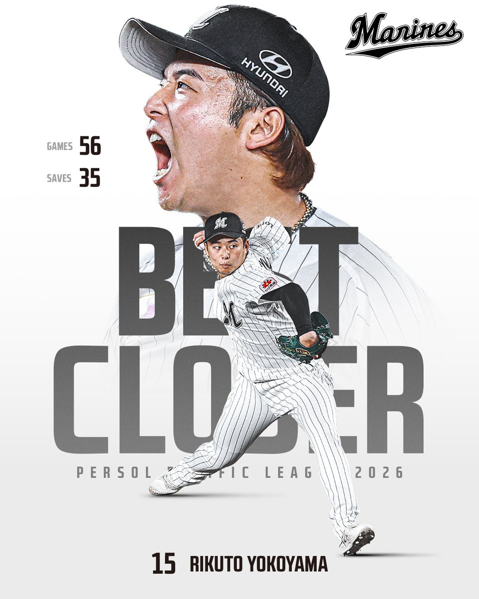 / BEST CLOSER! \ 2026年 パーソル パ・リーグ 最多セーブ投手賞 #横山陸人 投手 ▼ #chibalotte #Congratulations