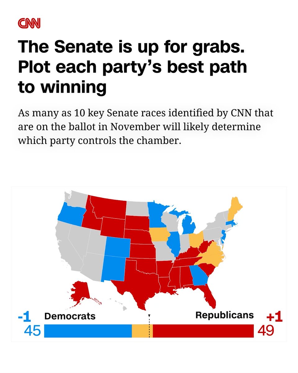 Plot each party's best path to winning Senate control on our interactive map. The key races, highlighted in yellow, could change leading up to Election Day. Other races are shaded by their current senator's party.