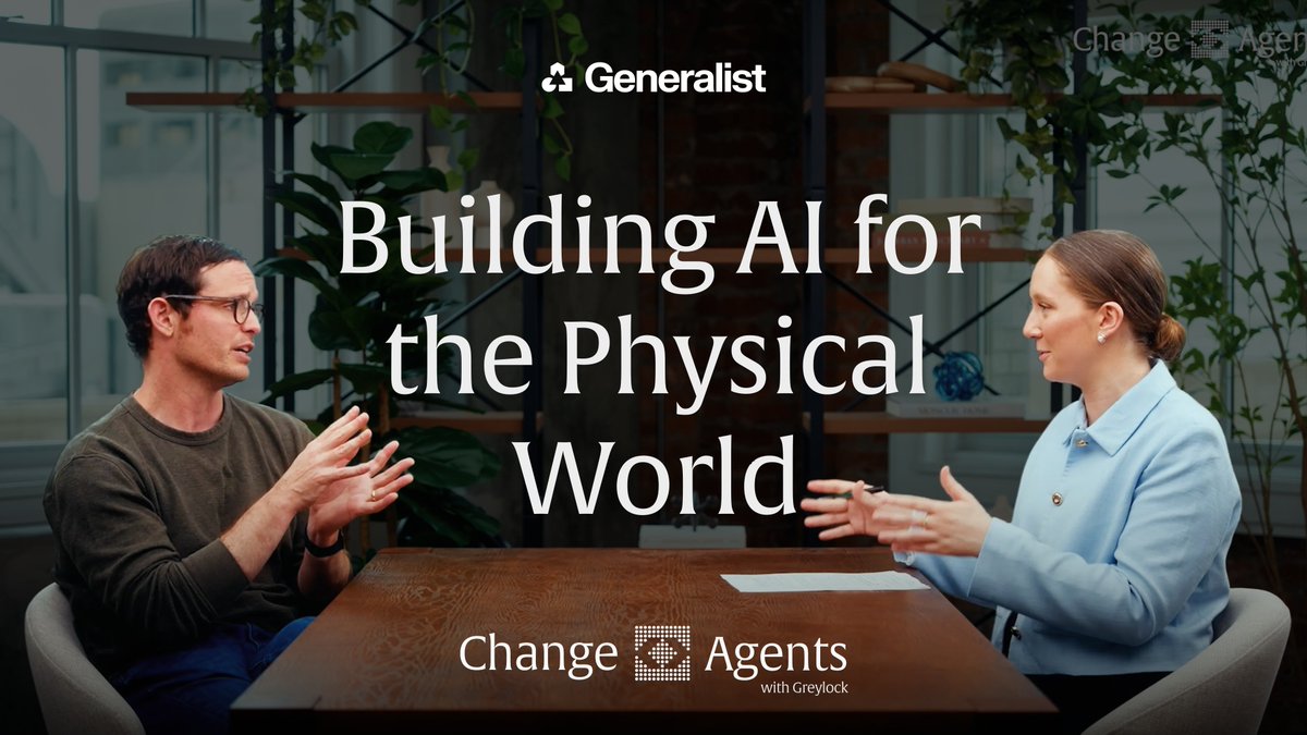 Feels like every week in robotics there’s a new ‘this is the GPT-3 moment for robotics 🤖’ announcement. We brought on Generalist CEO & Co-Founder Pete Florence on Greylock Partners Change Agents to dig into what’s going on at the frontier of robotics models. We covered the company’s latest Gen 1.5 model, few-shot learning, training robots on different embodiments, and the milestones towards a more generalized physical model. Timestamps: 00:51 The inception of Generalist 04:13 Long-term goal of the company 05:47 Parallels and differences between robotics and language models 12:05 Key differentiation in 1.5 Gen model 12:48 Robot vs banana 14:49 Emergent capabilities not explicitly trained for 17:13 Cross-embodiment and the importance of hands 22:26 Research vs working with customers 24:58 Beyond VLA vs world model 28:50 Future-looking milestones Some of the top takeaways: - One-shot and few-shot learning emerged without being trained for. Gen 1.5 can learn a new task from a single demonstration, and Pete compares it to the GPT-3 moment in language. In one example, a robot taught to sweep a cube into a bowl with a brush used a banana instead. Given a dustpan, it held the pan with one hand, swept with the other, then tipped the cube into the bowl. Neither behavior was explicitly trained, and Pete sees this as a signal of where the model's generalization is headed. -Generalizing to new hands remains a challenging problem for cross-embodiment. Physical hardware doesn’t stay static, and so cross-embodiment - the ability of a physical AI model to adapt to different hardware systems - is vital for success. -Customer deployments are a valuable source of research inputs. Generalist actively partners with their customers for feedback, which they use to inform their research and make real-world evaluations. -Generalist doesn't think in terms of "VLA vs. world model." Pete helped create early VLAs and has worked on world models, but he argues the goals matter more than the label, and the team is trained to think in a first-principled way when considering new research directions. Watch the full episode at the link in the comments. Thank you to Pete Florence for joining us!