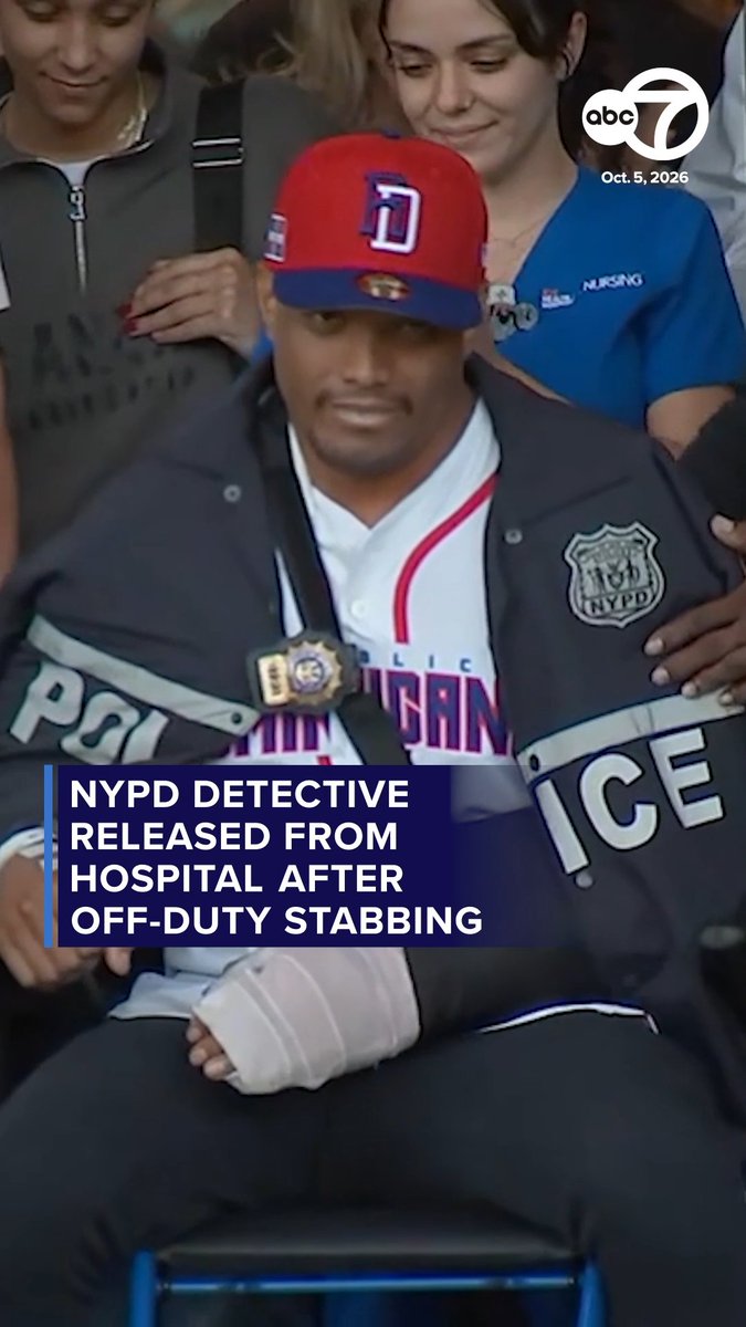 NYPD Detective Jose Mercedes, 33, received a clap-out Monday as he left Jacobi Hospital after being stabbed off duty in the Bronx, joined by loved ones, colleagues and Commissioner Jessica Tisch.